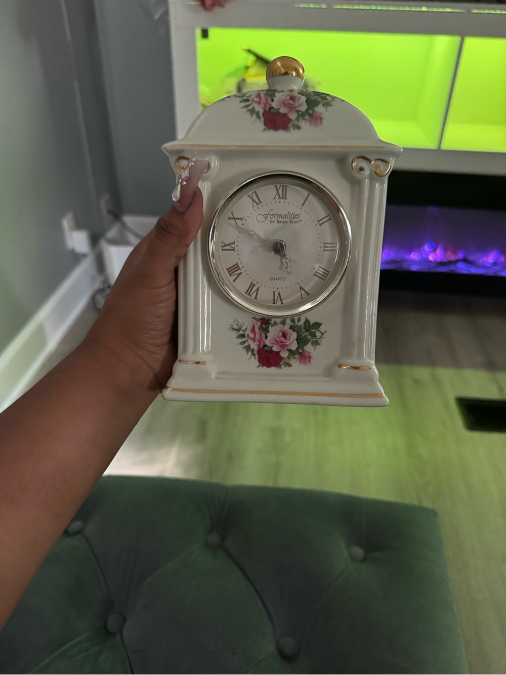 Formalities Ivory Floral Mantel Clock with Pink Rose Accents